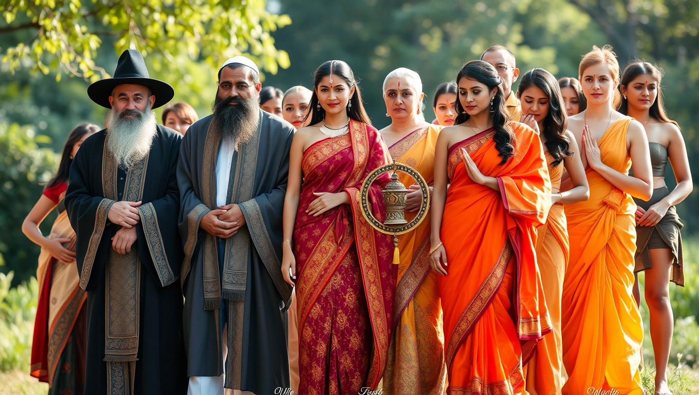 A diverse gathering of individuals from different faiths in a harmonious scene