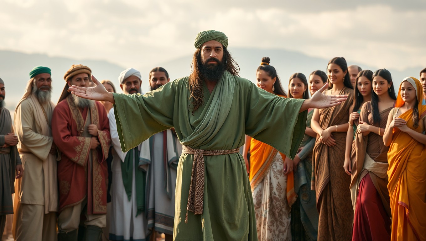 A vibrant gathering of individuals from different cultures and faiths in a harmonious scene