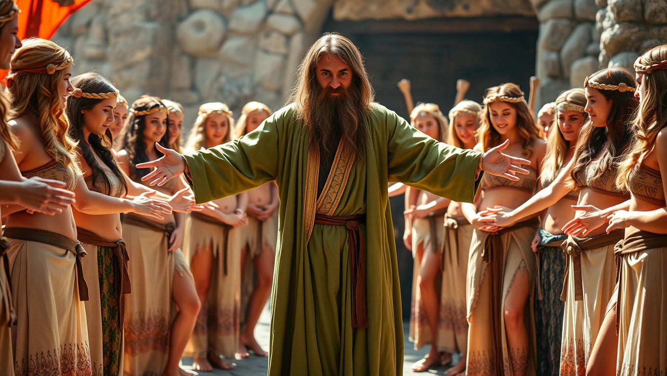 A captivating scene that highlights the dynamic interaction between cultures, featuring an Arab man from the seventh century dressed in a flowing green robe, his long hair elegantly styled