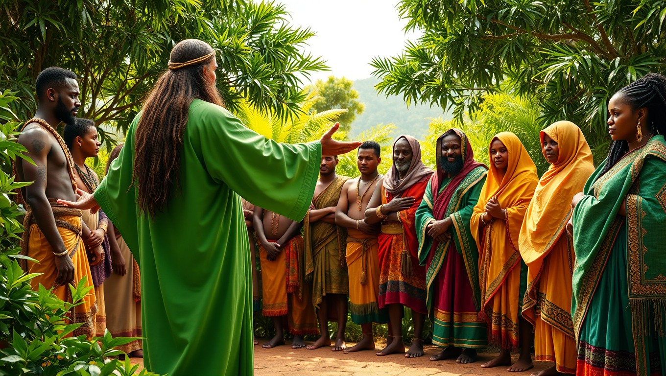 A captivating scene set in a historical context, featuring an Arab man from the seventh century dressed in a vibrant green robe, his long hair flowing down his back as he stands with his arms outstretched in a welcoming gesture