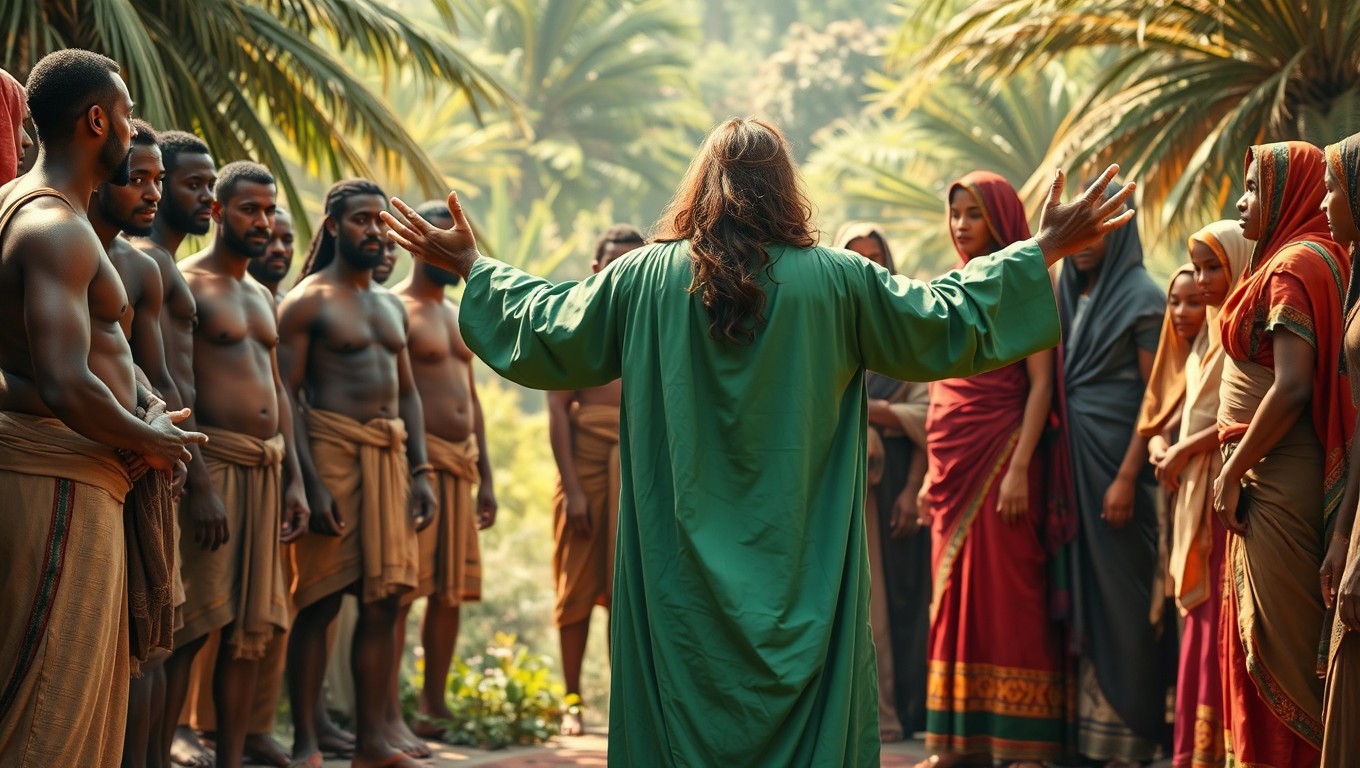 An evocative scene set in the seventh century, depicting an Arab man dressed in a flowing green robe