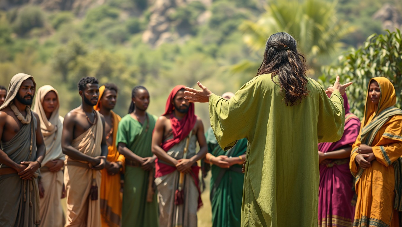An engaging scene from the seventh century depicting an Arab man wearing a striking green robe, standing with his long hair flowing down his back