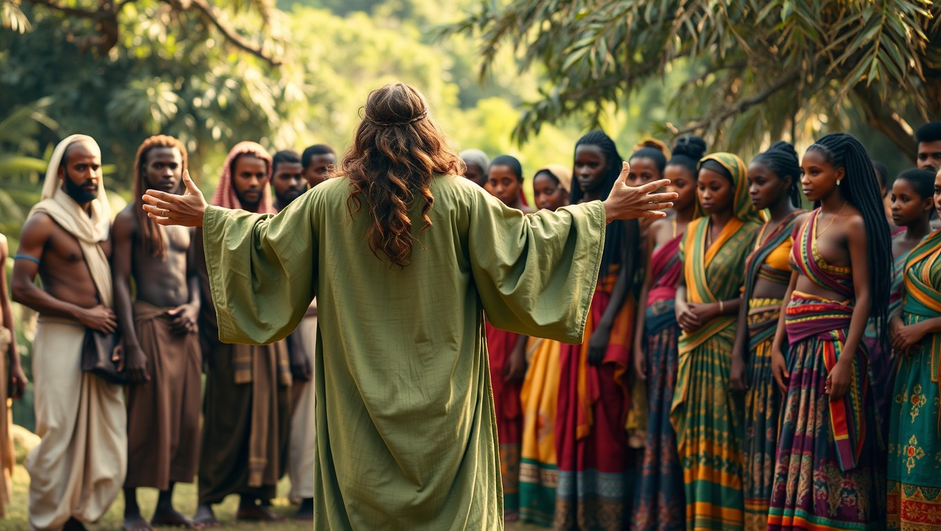 A compelling scene from the seventh century, featuring an Arab man dressed in a flowing green robe with long hair