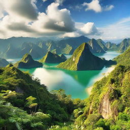 A beautiful panoramic view of the Philippines capturing its lush tropical forests, vibrant cities, pristine beaches, and majestic mountains in a daytime setting.