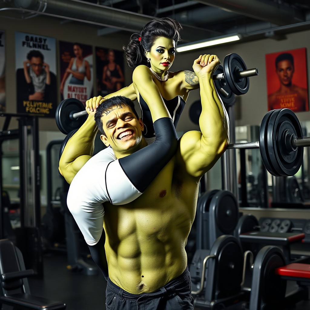Frankenstein and the Bride of Frankenstein engaged in a lively workout session at a well-equipped gym