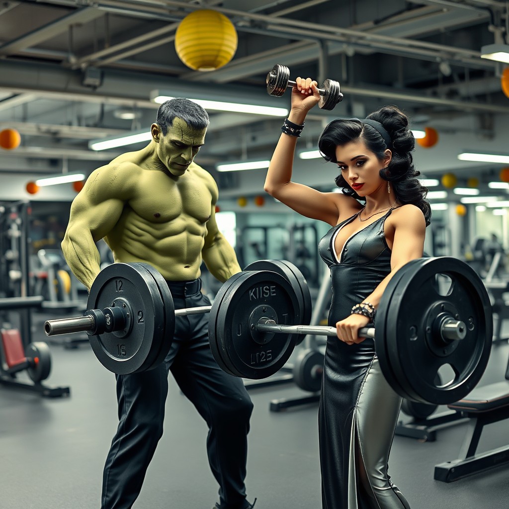 Frankenstein and the Bride of Frankenstein participating in an intense workout session at a modern gym