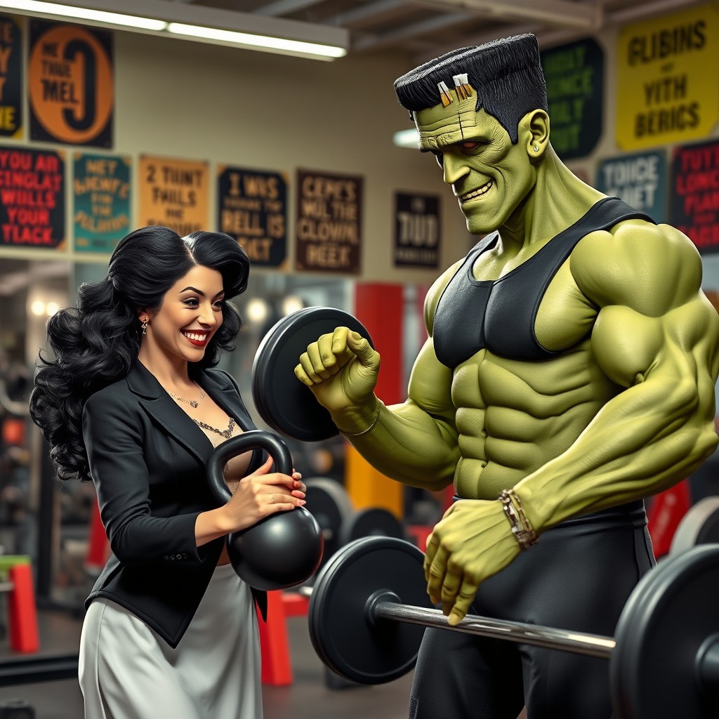 The Bride of Frankenstein and Frankenstein engaging in a fun workout together at a lively gym