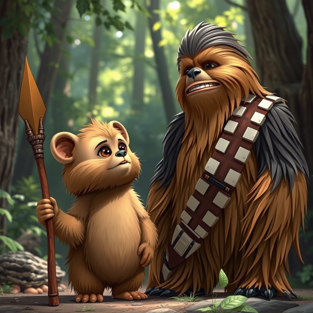 An endearing scene featuring an Ewok standing next to Chewbacca on a forested planet, expressing gratitude