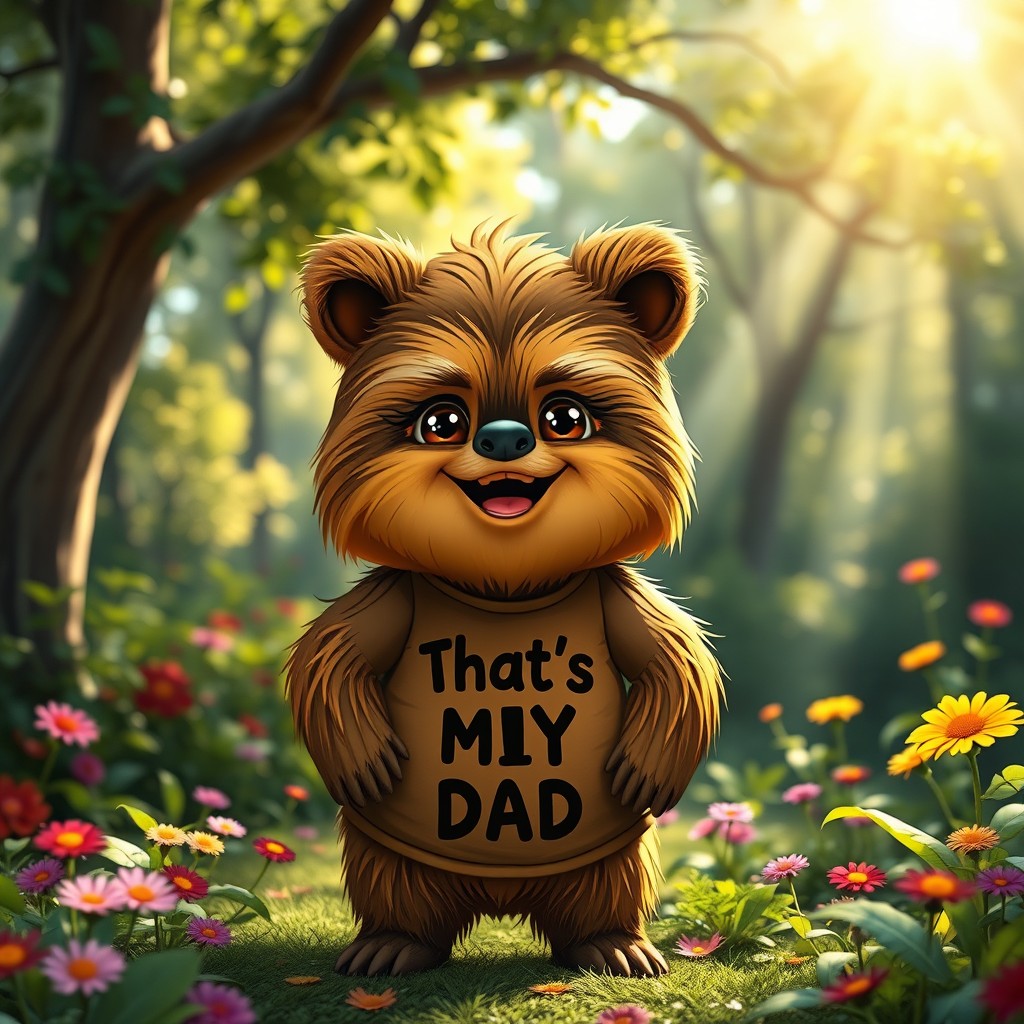 A cute Ewok wearing a Chewbacca shirt with the text 'That's My Dad' printed on it