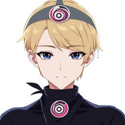 An anime boy with dark blonde hair styled in a side part that delicately covers his forehead