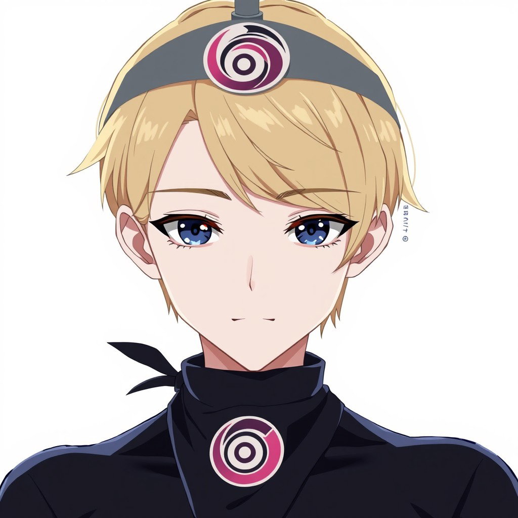 An anime boy with dark blonde hair styled in a side part that delicately covers his forehead