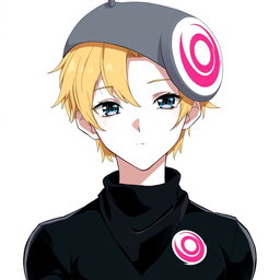 An anime boy with dark blonde hair styled in a side part that delicately covers his forehead