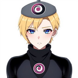 An anime boy with dark blonde hair styled in a side part that delicately covers his forehead