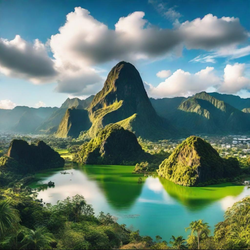 A beautiful panoramic view of the Philippines capturing its lush tropical forests, vibrant cities, pristine beaches, and majestic mountains in a daytime setting.