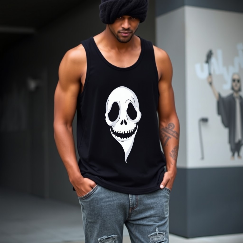 A stylish black tank top featuring a bold, artistic design of a ghost face prominently displayed on the front