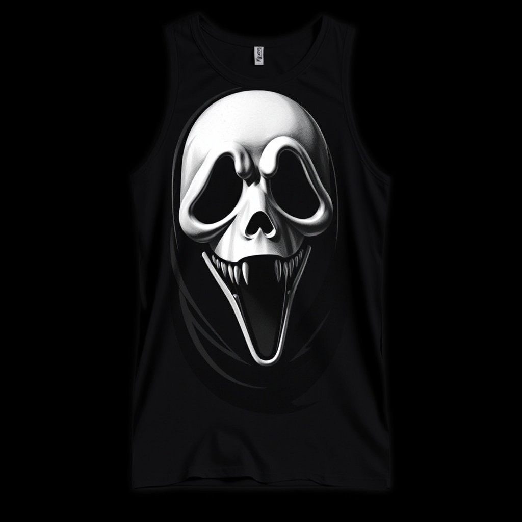A striking black tank top featuring a dramatic and artistic depiction of a murderous Ghostface character on the front