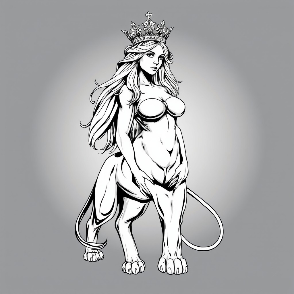A stunning black and white illustration of a mythical creature that is half woman and half lion, embodying beauty and strength