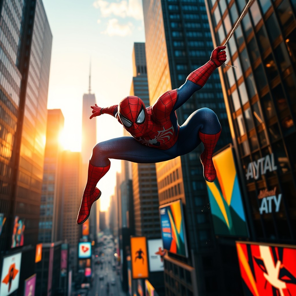A dynamic pose of a superhero inspired by Spider-Man, swinging through a cityscape filled with tall skyscrapers and vibrant, colorful billboards