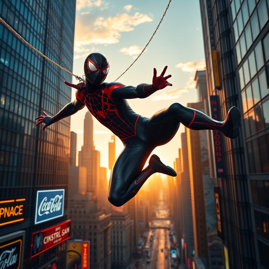 A striking image of a superhero inspired by a black variant of Spider-Man, showcasing him in an action-packed pose while navigating through a bustling cityscape filled with towering skyscrapers and neon signage