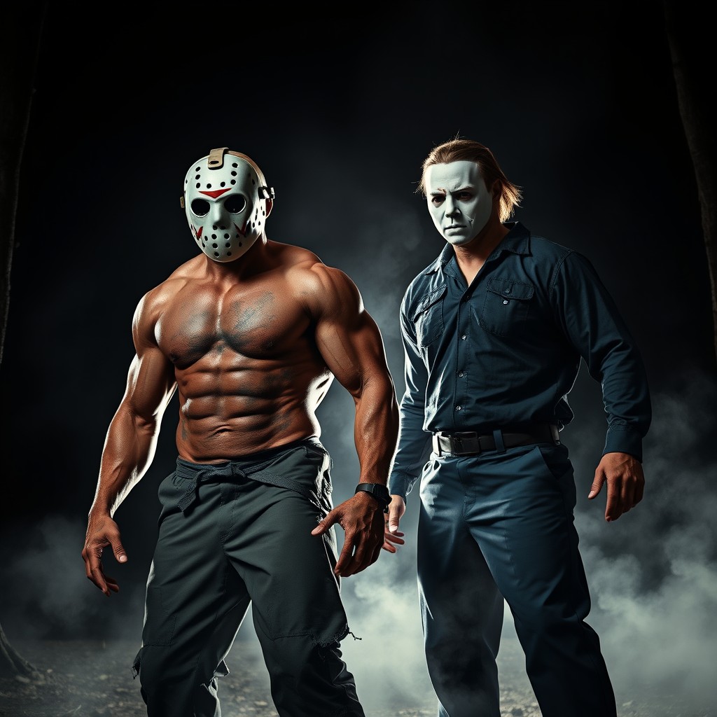 A dynamic scene featuring Jason Voorhees wearing a Michael Myers mask standing next to Michael Myers who is wearing a Jason Voorhees mask
