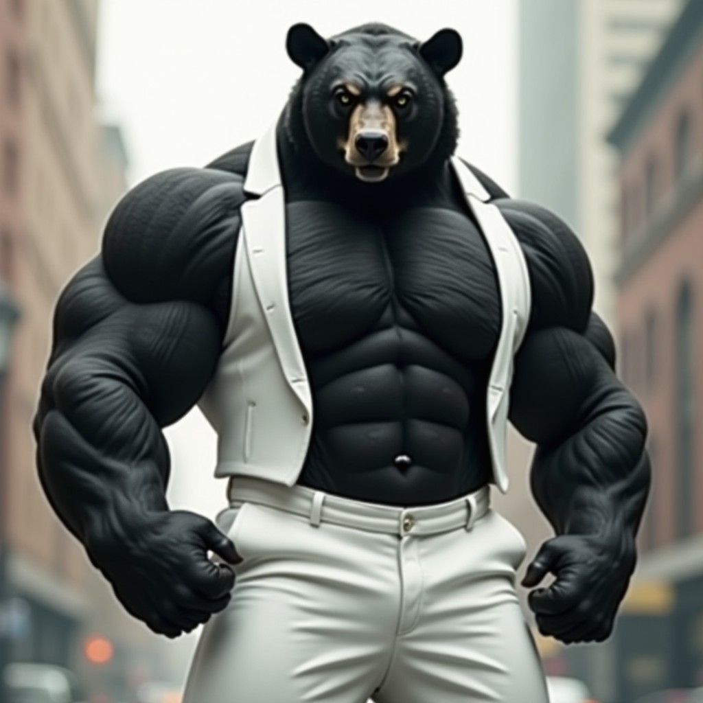 A muscular, imposing black bear with a fierce expression, standing confidently while wearing white suit pants and a sleeveless white vest