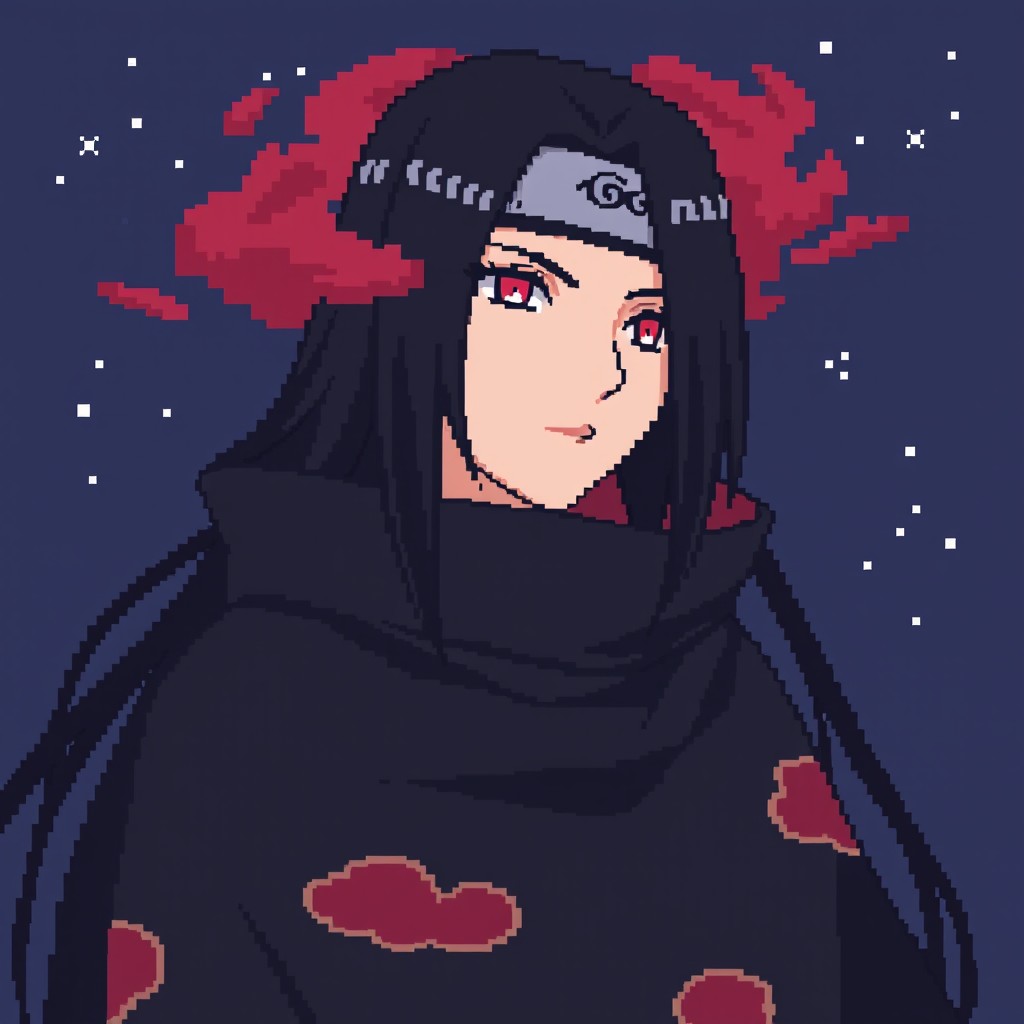 A pixel art representation of Itachi Uchiha from Naruto