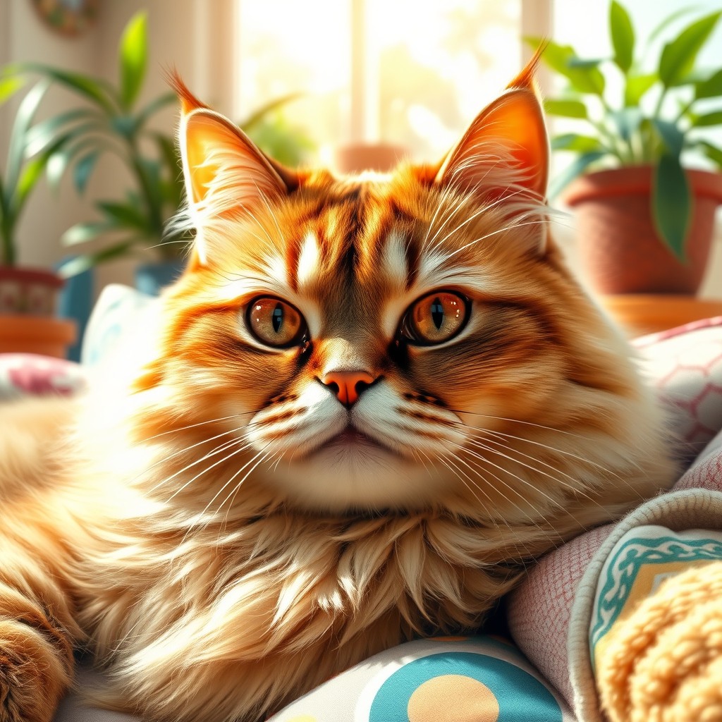 A large, majestic cat with a luxurious fur coat, striking amber eyes, and a playful expression