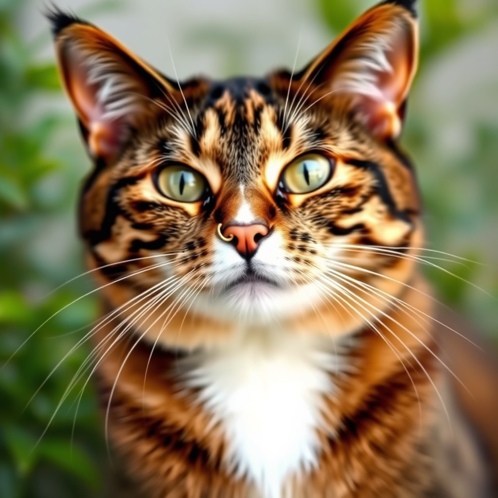 A large domestic cat with a unique nose piercing, showcasing a blend of elegance and playful charm