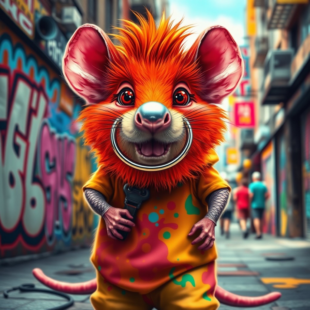 A large, anthropomorphic rat with vibrant fur, featuring an exaggeratedly big nose piercing