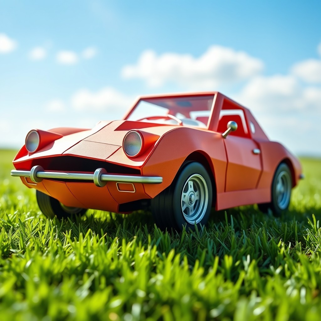 A detailed papercraft model of a classic sports car, showcasing intricate paper folding techniques