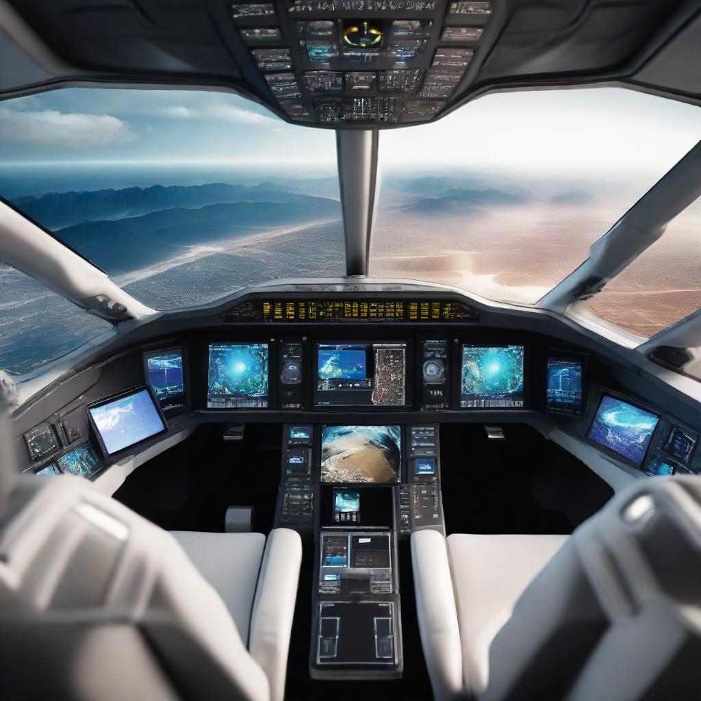 Futuristic airplane cockpit with a wide array of advanced screens and controls, displaying a breathtaking view of the Earth from orbit.