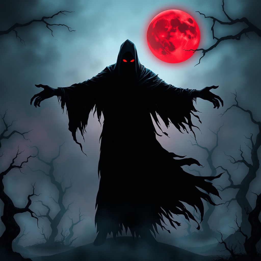 A dark and ominous character inspired by the concept of a forsaken killer, featuring a silhouette of a tall, malevolent figure draped in tattered, shadowy robes