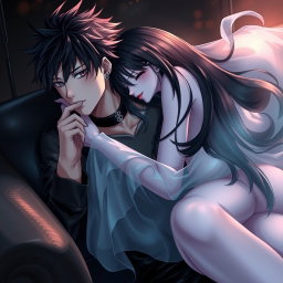 In a detailed anime scene, a handsome anime boy with messy black hair and spiky loose cowls sits on a sleek black couch
