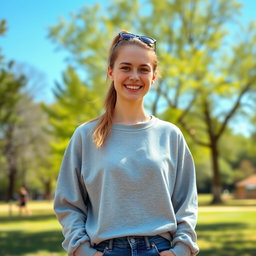 A 26-year-old casual white woman with a ponytail, wearing a comfortable sweatshirt and jeans