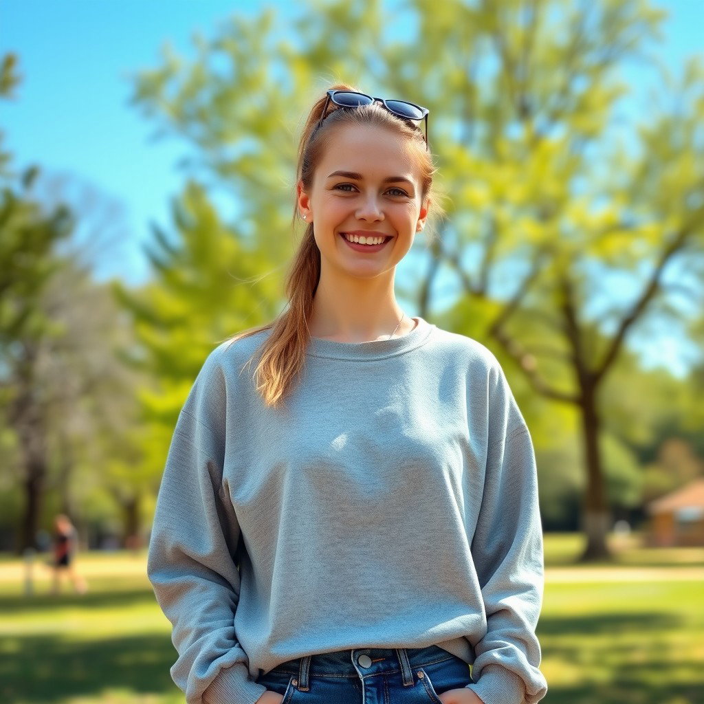 A 26-year-old casual white woman with a ponytail, wearing a comfortable sweatshirt and jeans