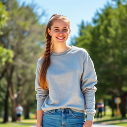 A 26-year-old casual white woman with a ponytail, wearing a comfortable sweatshirt and jeans