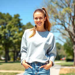 A 26-year-old casual white woman with a ponytail, wearing a comfortable sweatshirt and jeans