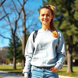 A 26-year-old casual white woman with a ponytail, wearing a comfortable sweatshirt and jeans