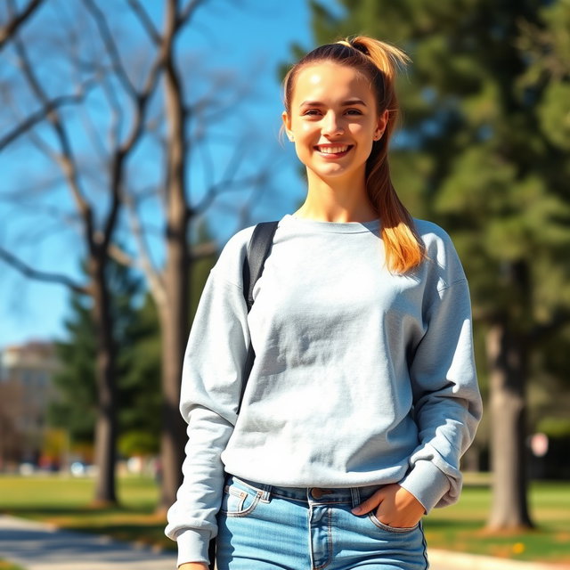 A 26-year-old casual white woman with a ponytail, wearing a comfortable sweatshirt and jeans