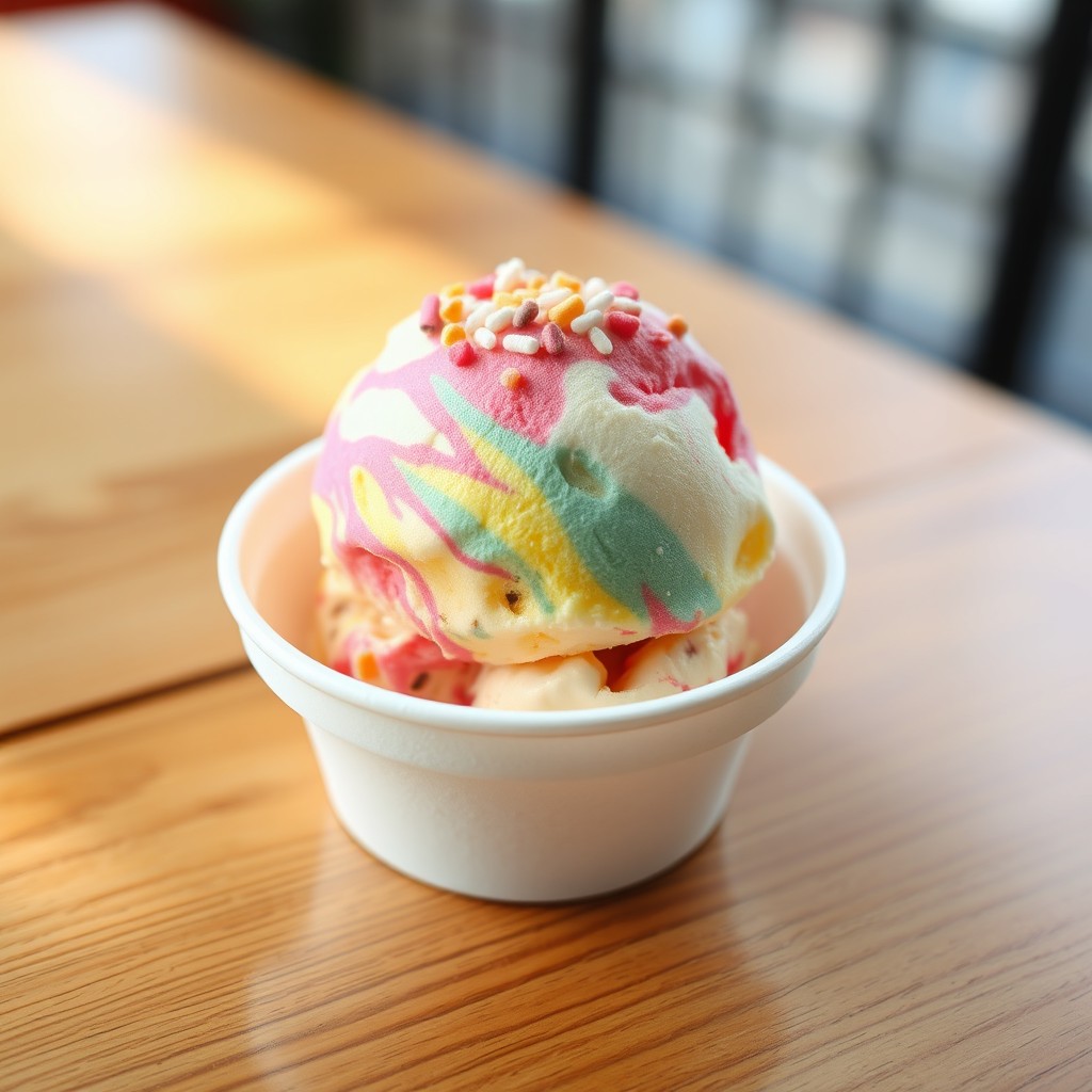A delicious scoop of vibrant ice cream sitting in a classic white styrofoam cup