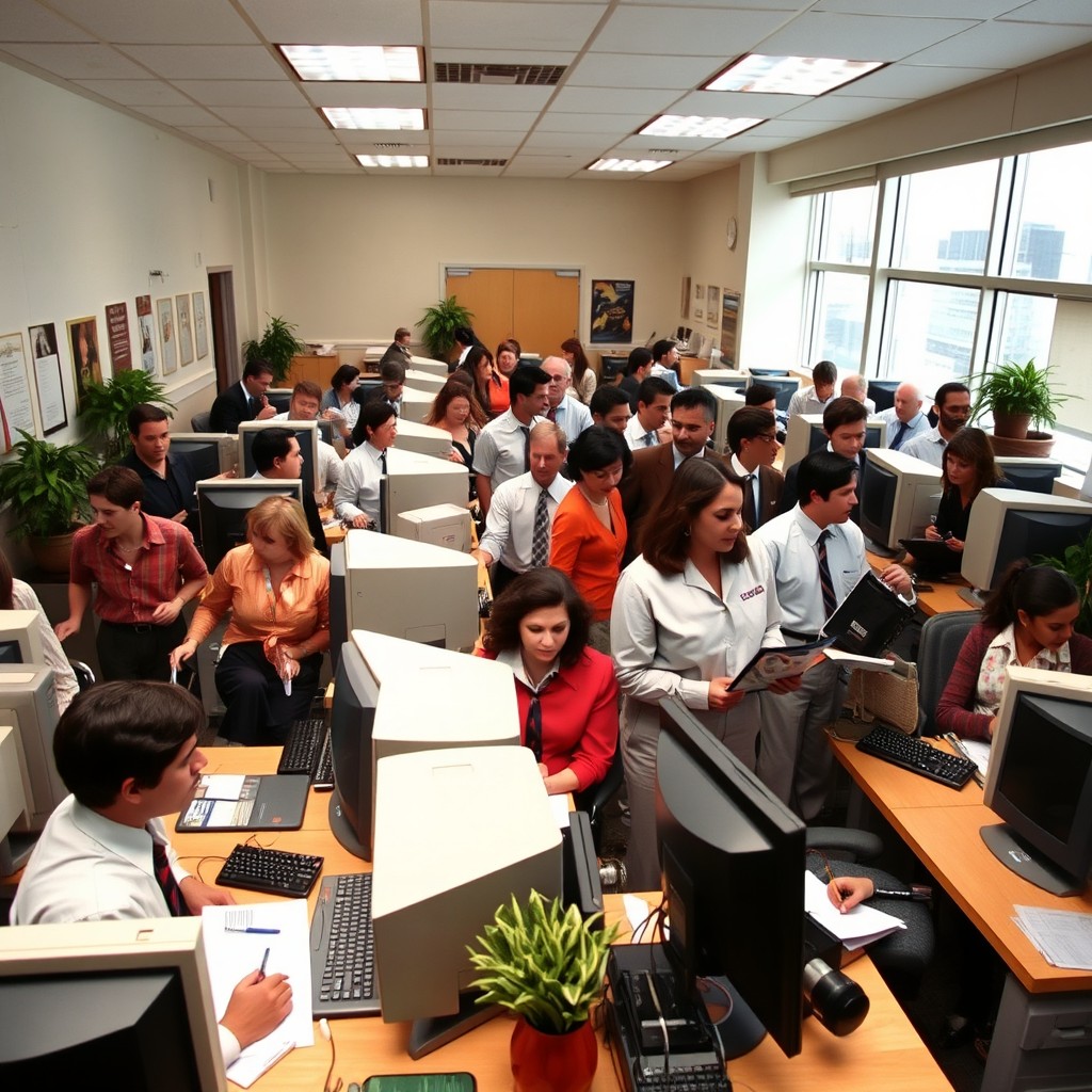 A vibrant office environment set in the year 2000, featuring a diverse group of professionals engaged in various activities