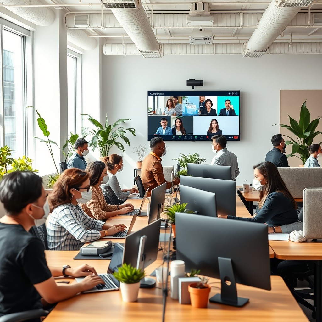 An office scene depicting a diverse group of people working collaboratively in an open workspace environment during the year 2020