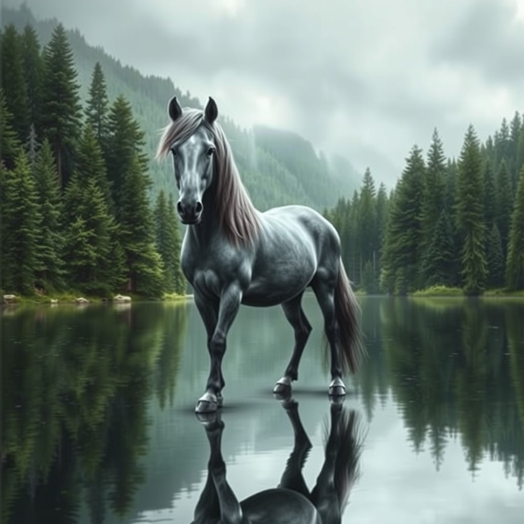 A realistic depiction of a serene lake nestled within a dense coniferous forest, with lush green tones creating a tranquil background