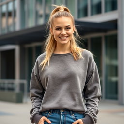 A 26-year-old casual white woman with a ponytail, dressed in a cozy sweatshirt and fitted jeans