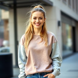 A 26-year-old casual white woman with a ponytail, dressed in a cozy sweatshirt and fitted jeans