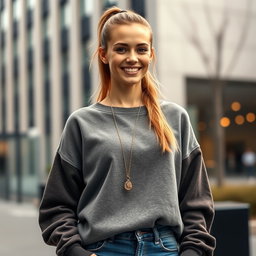 A 26-year-old casual white woman with a ponytail, dressed in a cozy sweatshirt and fitted jeans