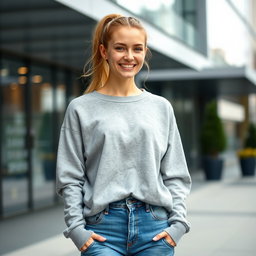 A 26-year-old casual white woman with a ponytail, dressed in a cozy sweatshirt and fitted jeans
