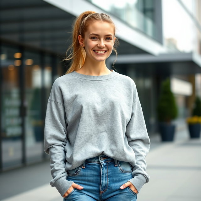 A 26-year-old casual white woman with a ponytail, dressed in a cozy sweatshirt and fitted jeans