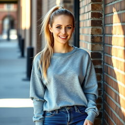 A 26-year-old casual white woman with a ponytail, sporting a comfortable sweatshirt and fitted jeans