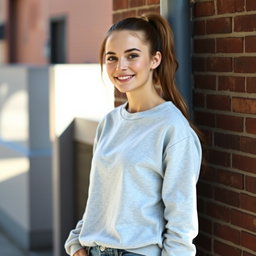A 26-year-old casual white woman with a ponytail, sporting a comfortable sweatshirt and fitted jeans